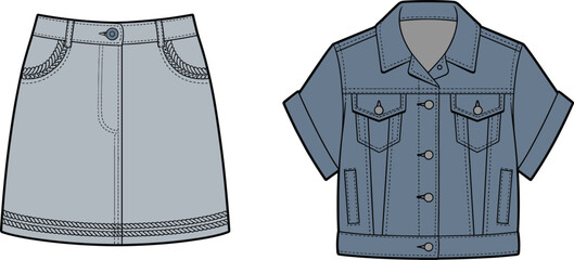 Denim skirt and jacket front view, button closure pockets short sleeve collar detail, cad drawing flat vector illustration, fashion sketch