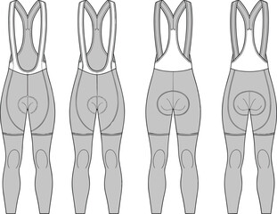 Cycling bib tights sketch, padded seat detail, ergonomic paneling, shoulder straps, multi-view layout, sportswear design, cad drawing flat vector illustration