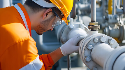 Focused technician inspecting pipeline valves, clad in safety gear: hard hat, eye protection, gloves. Meticulous maintenance ensures secure operations. #SafetyFirst