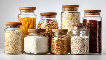 Collection of grain products in storage jars in pantry