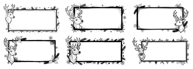Set of Hand-Drawn Christmas Frames with Deer. Winter Holiday Vector Borders and Labels Collection.