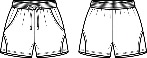 Drawstring shorts, elastic waistband, side pockets, stitched hem, casual fit, CAD drawing, flat vector illustration, front back view, garment sketch