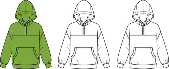 Half-zip hoodie, ribbed cuffs, front pocket, hooded sweatshirt, casual wear, CAD drawing, flat vector illustration, fashion sketch, garment template