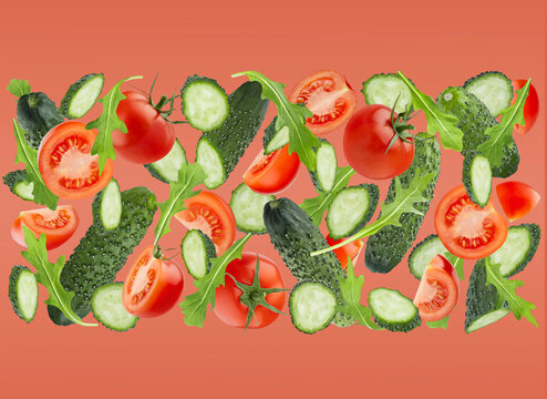 Healthy food background. DNA spiral or flying flow of fresh vegetable salad ingredients on pink background. Red tomato, cucumbers, greens, art composition. Summer organic food, advertising, branding. - Powered by Adobe