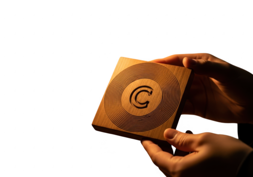 Hands holding wooden cd case with copyright symbol under spotlight intellectual property protection transparent background