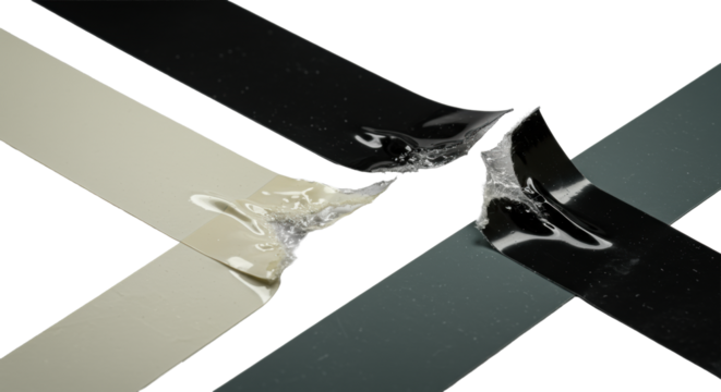 Ultra-macro photo: white, matte black, storm gray heavy-duty tape, one mid-tear showing fibrous line & adhesive, on transparent. Material texture exploration concept