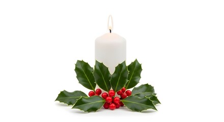 Lit White Candle with Holly Berries and Leaves Isolated
