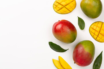 Flat lay with mango on color background, top view