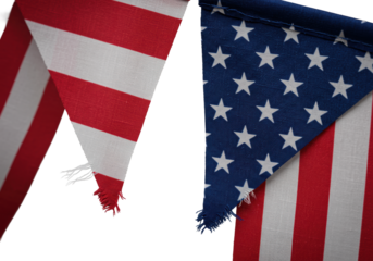 Extreme macro close-up of two American flag bunting flags, vibrant crimson, white, indigo patterns, mid-ripple, sharp folds, frayed thread, transparent studio background. Concept of subtle patriotism
