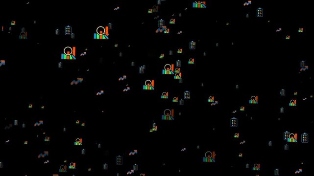 Colorful Business Icons Floating on Black Background. Premium business icon with particles 4k animation.