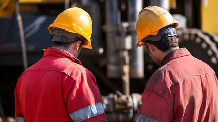 Two workers wearing red work suits and yellow hard hats stand close together against a backdrop of industrial machinery. They appear to be discussing a project.