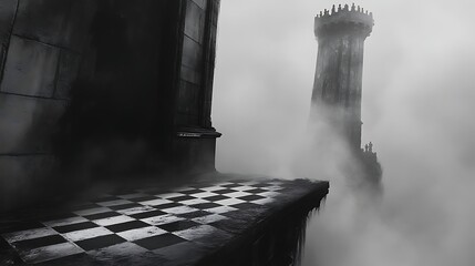 Foggy morning in an old European city with light illuminating a narrow stone archway in a dark alley