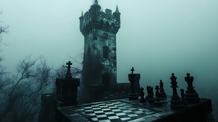 Foggy morning in an old European city with light illuminating a narrow stone archway in a dark alley