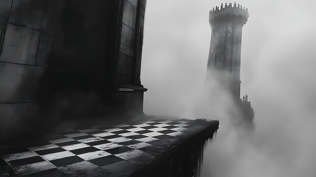 Foggy morning in an old European city with light illuminating a narrow stone archway in a dark alley