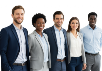 Diverse professional team posing together confidently for business transparent background