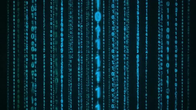 Digital stream of glowing blue binary code cascades down a dark background, representing data flow and technology.