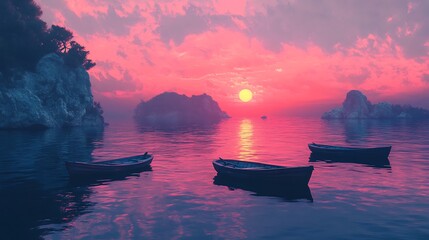 A fishing boat sails the calm sea water at sunset, a beautiful landscape with clouds on the horizon
