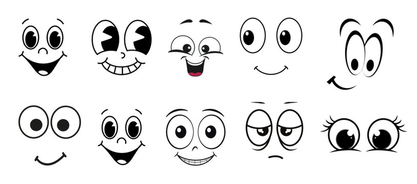 Cute cartoon face with big expressive eyes, playful emotion illustration, funny character design for stickers.