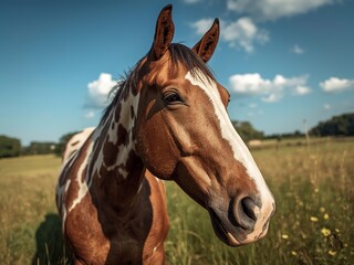 Obraz premium Majestic pinto horse with striking markings grazes peacefully in a sun-drenched meadow under a vibrant blue sky with fluffy white clouds, evoking a sense of freedom and natural beauty.