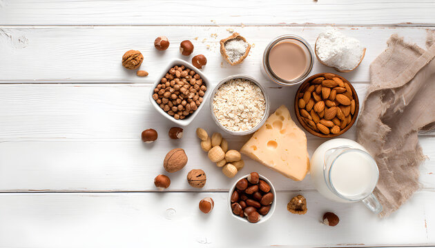 Allergy food concept. Allergic food on white wooden background. View from above