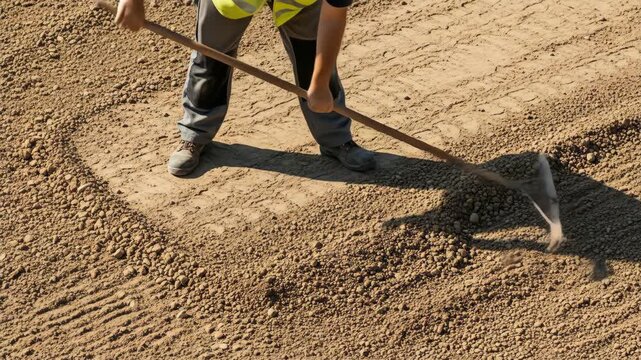 A worker in high-vis vest rakes the ground with a long-handled tool on a sunny day