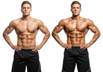Two muscular men displaying ripped abs and physique after fitness training transparent background