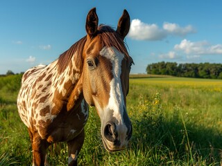 Obraz premium Majestic Appaloosa horse with striking coat pattern gazes serenely in a sunlit green meadow under a clear blue sky with fluffy clouds