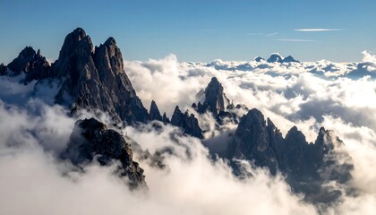 Fototapeta premium Majestic mountain peaks piercing through a sea of clouds.