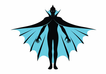 Vector art of silhouette of a vampire with a cape, standing in a menacing pose with glowing eyes
