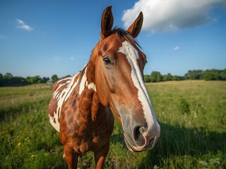 Fototapeta premium Majestic brown and white spotted horse standing in a lush green meadow under a bright blue sky with fluffy white clouds, embodying freedom and nature's beauty.