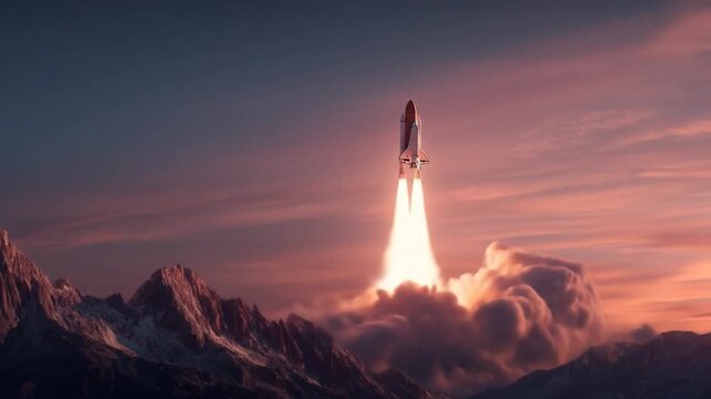 Dramatic rocket launch with fiery exhaust against a vibrant sunset sky over rugged mountains, symbolizing progress and space exploration.