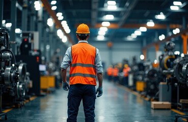 Fototapeta premium A worker in safety gear inspects machinery inside an industrial factory environment