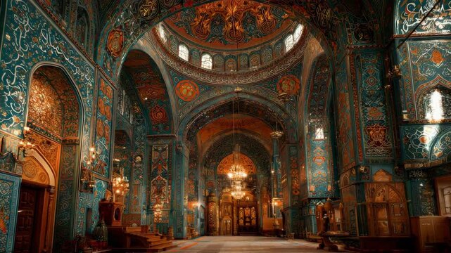 Ornate Interior of a Grand Mosque with Intricate Islamic Calligraphy, Arches, Dome, Chandeliers, and Decorative Patterns in Teal and Orange