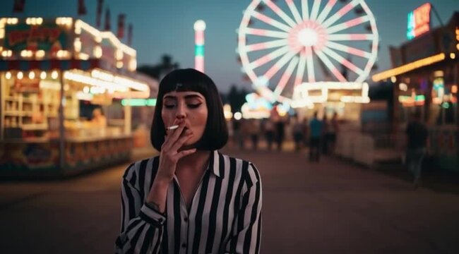 Jovem mulher de camisa listrada fumando no parque de divers&atilde;o.