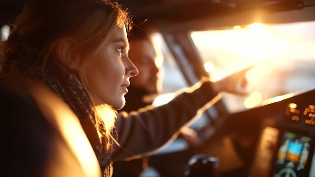 An over the shoulder view of a navigator pointing at an electronic flight display students watching attentively reflections of sunlight and illuminated instruments creating