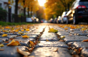 Sunlit cobblestone street with fallen autumn leaves and blurred background