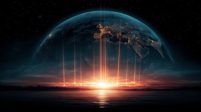 Global digital network rising over Earth’s horizon