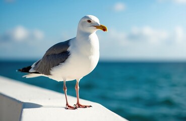 Obraz premium Seagull standing on a white railing near the ocean under a blue sky