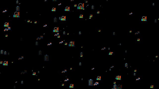 Colorful Business Icons Scattered on Black Void finance. Premium business icon with particles 4k animation.