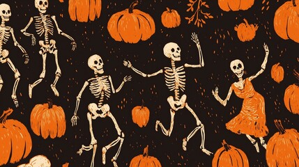 Abstract pattern of dancing skeletons  pumpkins  Halloween graphical elements
