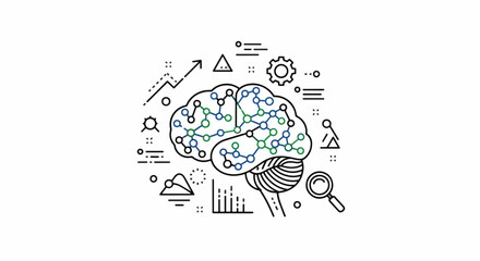 Vector art of human brain with connected dots and business icons represents intelligence