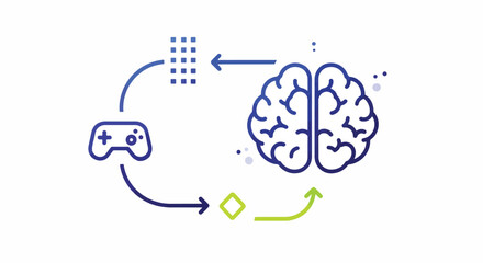 Vector art of video game controller connected to brain, illustrating the impact of gaming on cognitive function