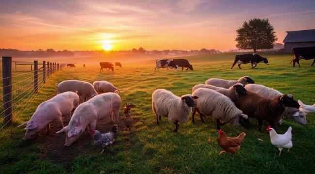 Porcos, ovelhas e galinhas no campo pastando.