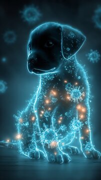 Animal parvovirus glowing neon puppy silhouette radiant viral invasion futuristic veterinary virology artwork