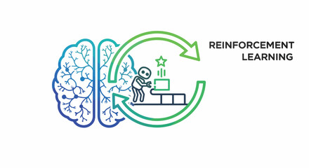 Vector art of reinforcement learning concept showing a human training a machine to achieve a goal