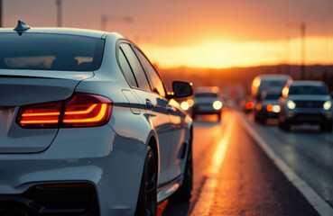Car driving on highway during sunset creating warm glow and long shadows