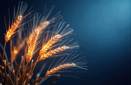 Golden wheat stalks illuminated against a dark blue background creating a warm and natural agricultural scene