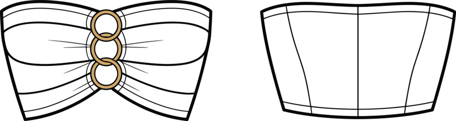 Strapless bandeau top sketch, ruched front, ring detail, curved seams, structured fit, back view, cad drawing flat vector illustration