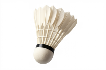 Shuttlecock for badminton game, white feathers and rubber base, transparent background, sports equipment