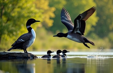Two common loons with one taking flight and the others resting on the water's surface in a natural lakeside setting